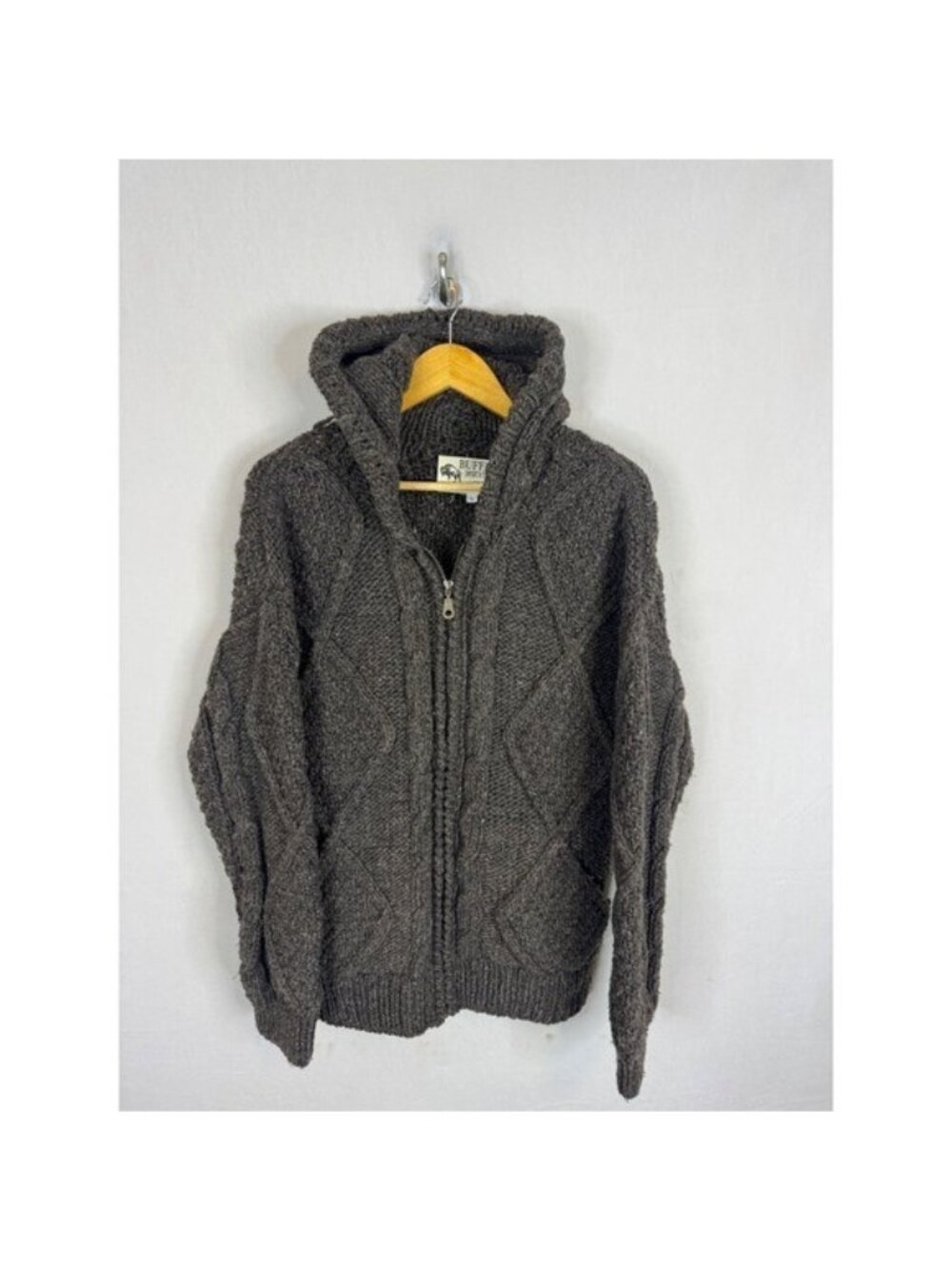 Buffalo Import & Trading Co Wool Cable Knit Ecuador Zip Hoodie Sweater Brown L